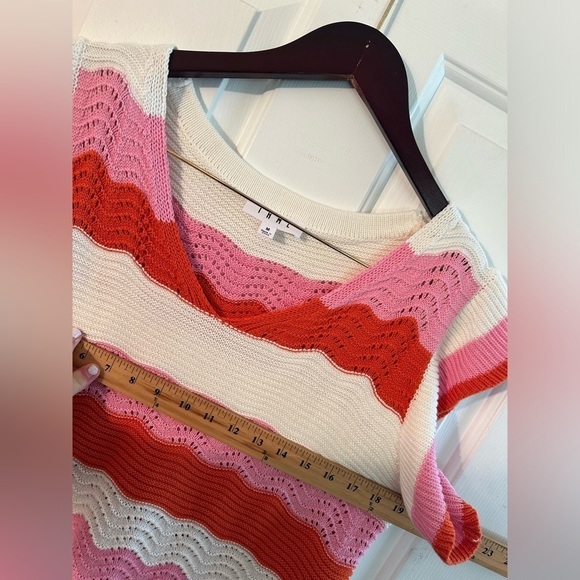 THML Anthropologie M Knit Cotton Sweater Wavy Stripe V Neck Flutter Sleeves Pink - Picture 7 of 12